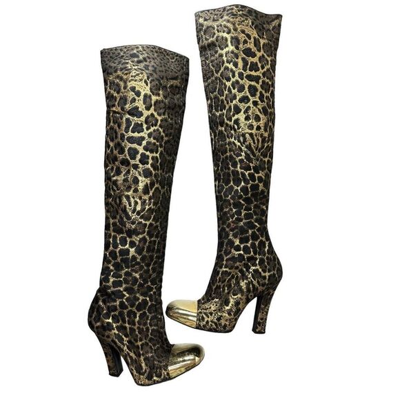 YSL vtg Over knee Leopard heel boots Gold metallic toe sz 39 - Picture 1 of 14